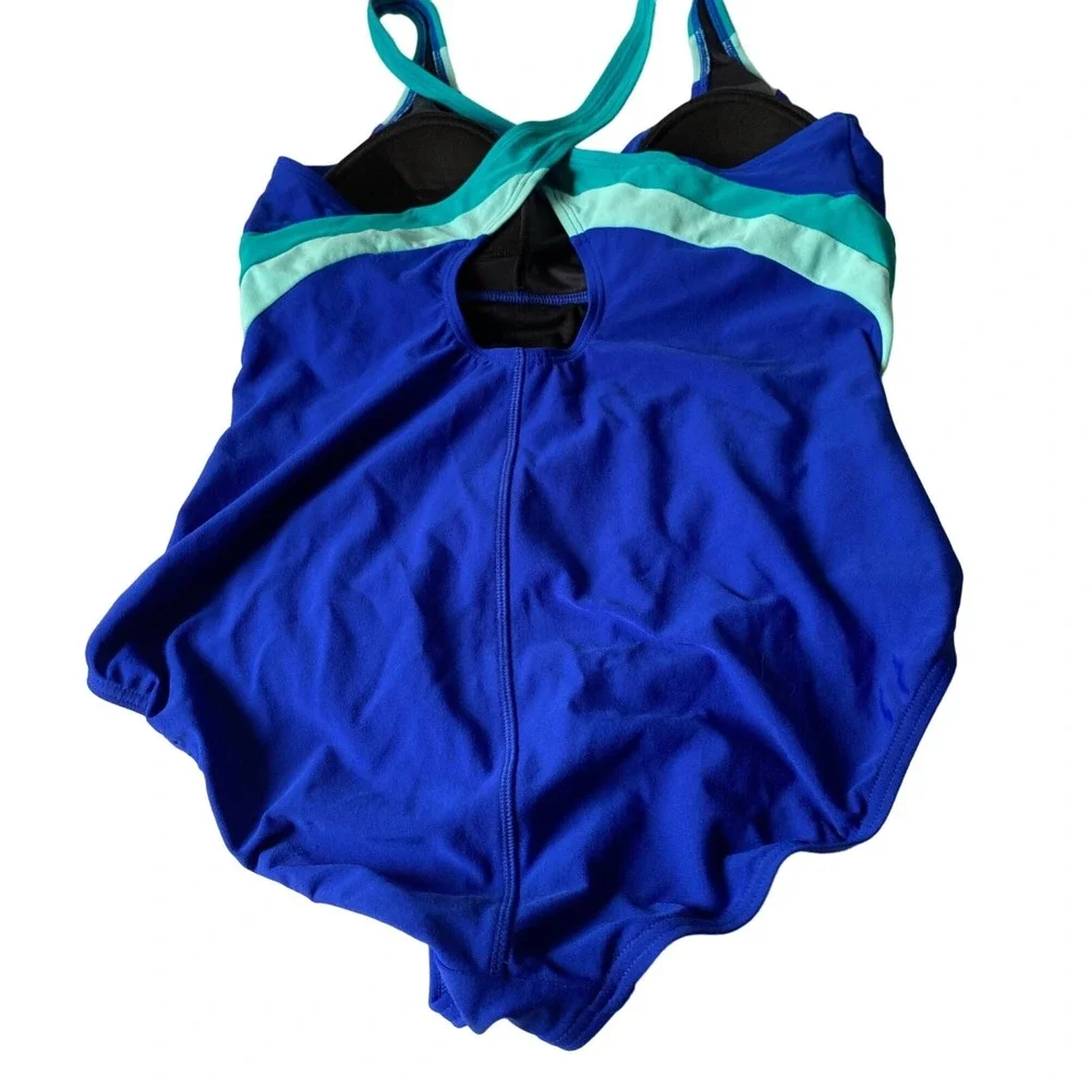 Lands End Womens Blue Colorblock One Piece Swimsuit Crisscross Back 10P Petite
